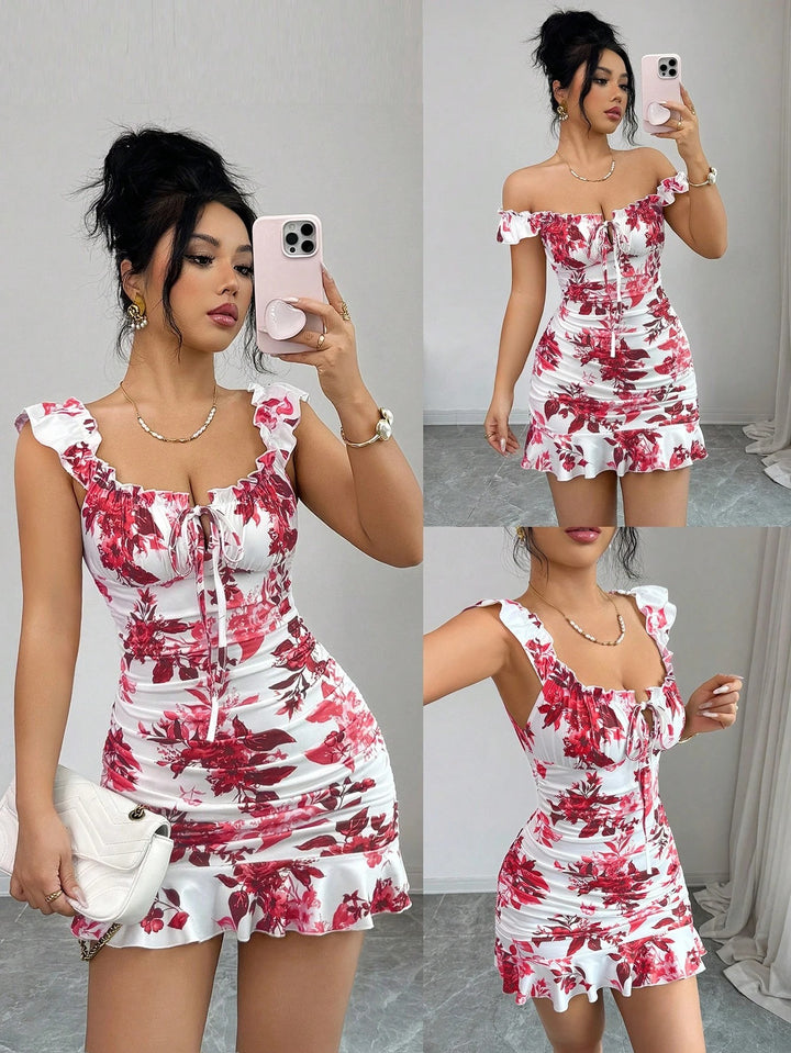 French Floral Ruched Ruffle Mini Dress