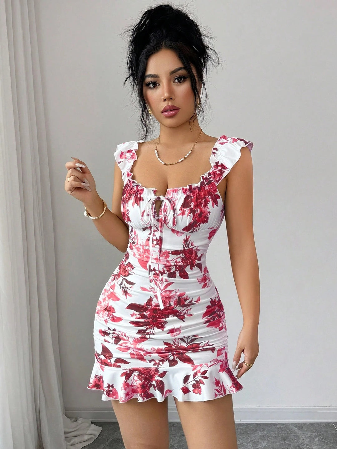 French Floral Ruched Ruffle Mini Dress