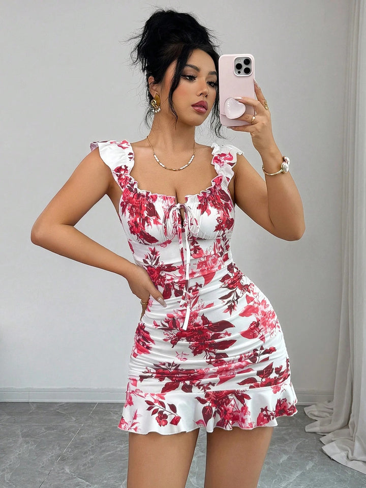 French Floral Ruched Ruffle Mini Dress
