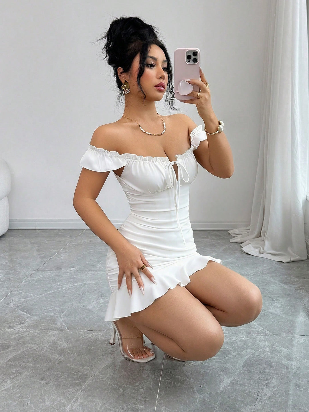 French Floral Ruched Ruffle Mini Dress