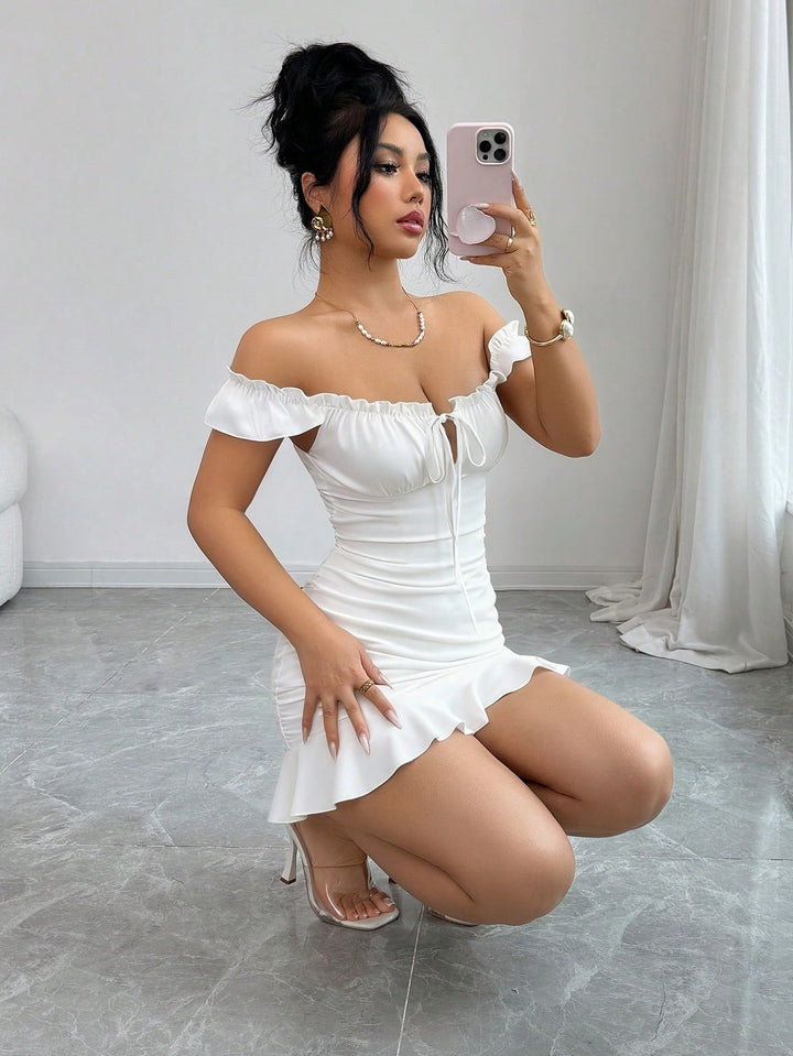 French Floral Ruched Ruffle Mini Dress
