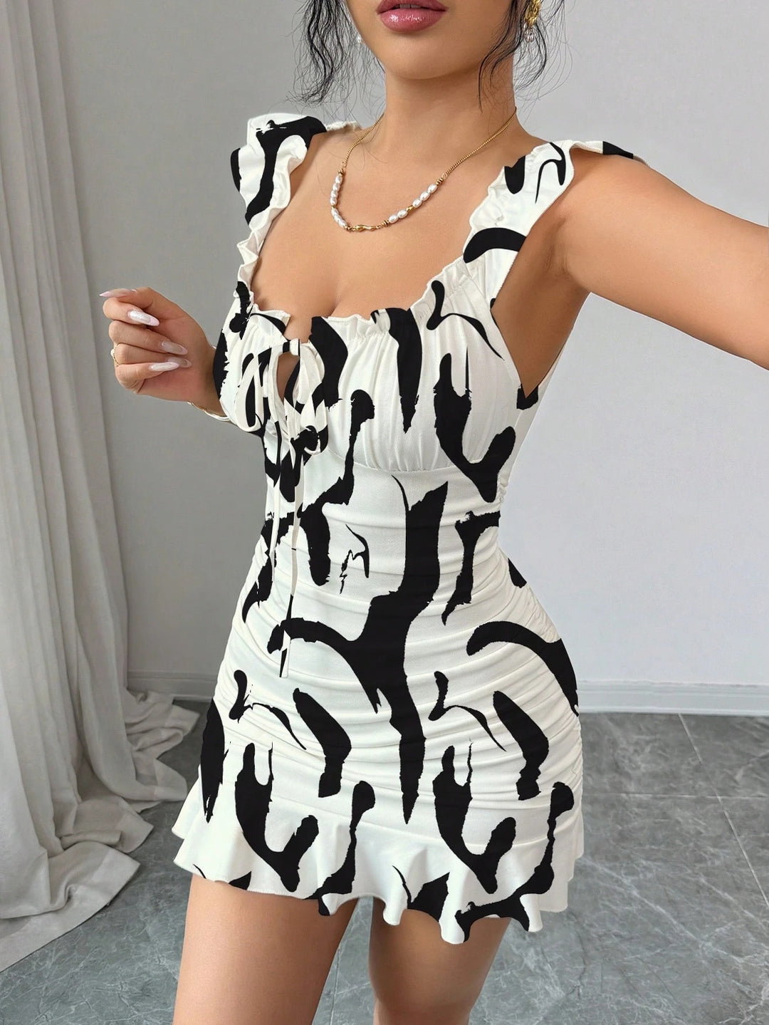 French Floral Ruched Ruffle Mini Dress