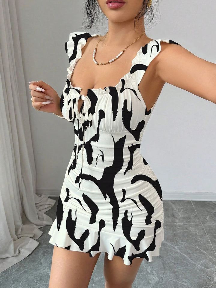 French Floral Ruched Ruffle Mini Dress