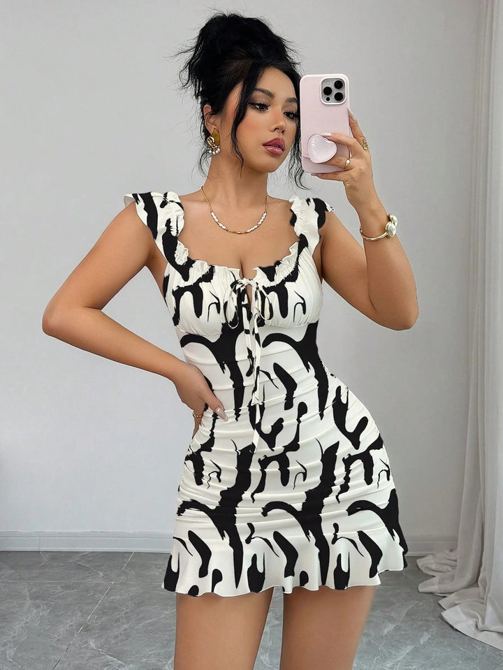 French Floral Ruched Ruffle Mini Dress