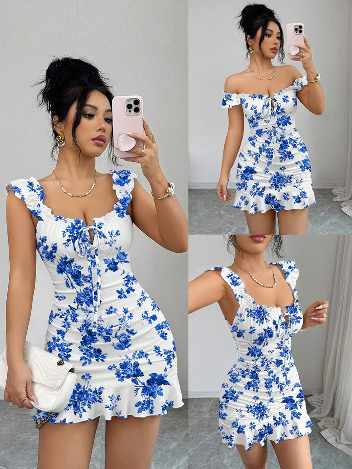 French Floral Ruched Ruffle Mini Dress
