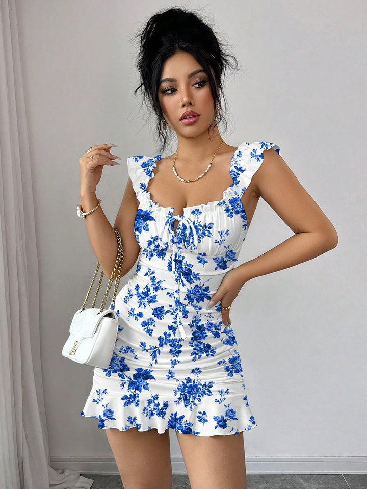 French Floral Ruched Ruffle Mini Dress