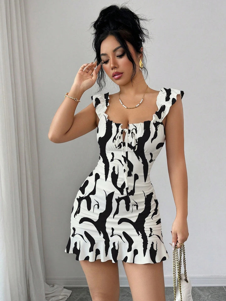 French Floral Ruched Ruffle Mini Dress