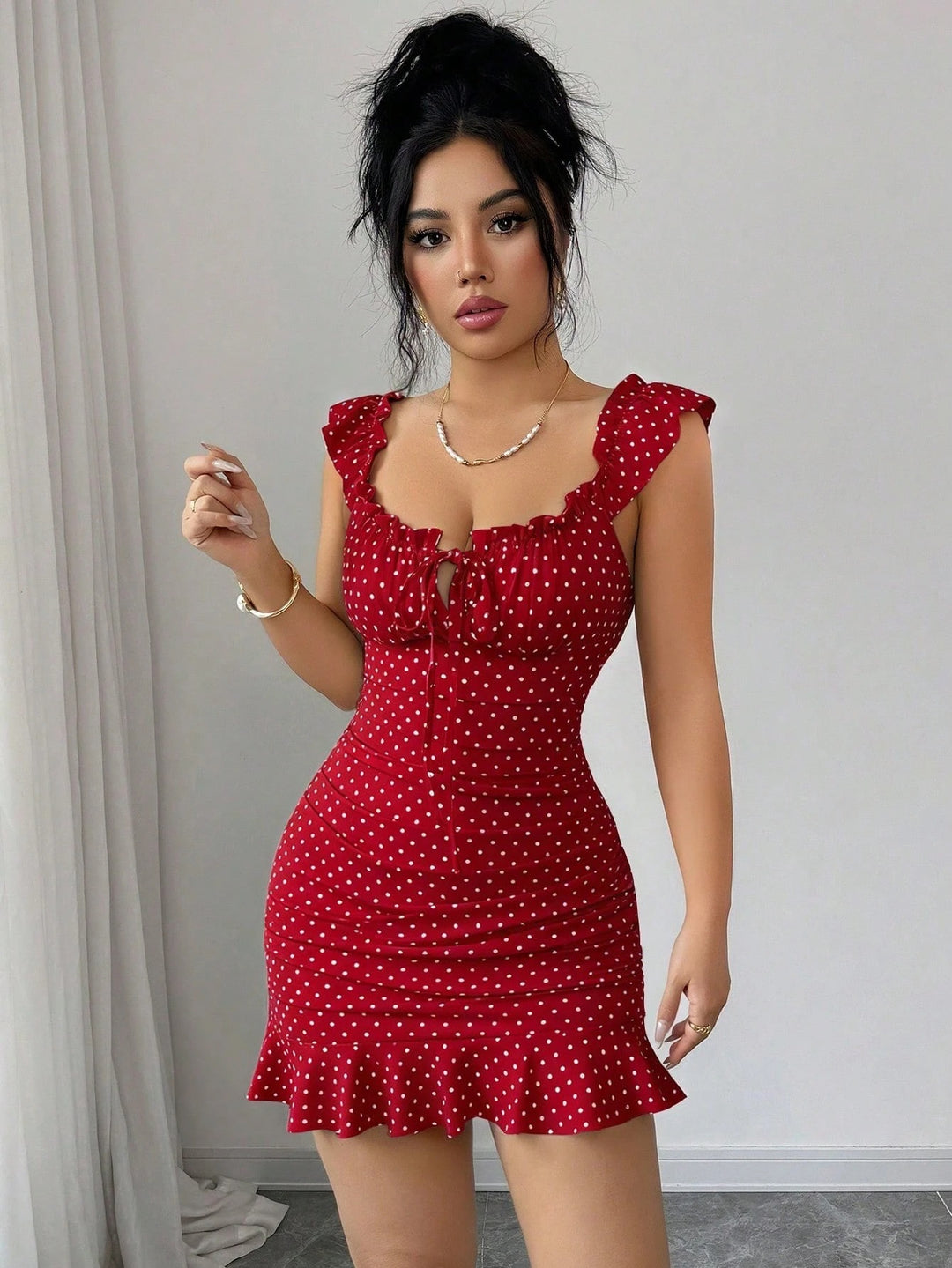 French Floral Ruched Ruffle Mini Dress