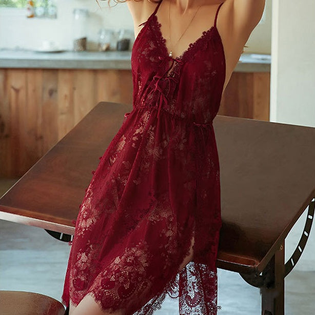 V‑Neck Tie‑Front Lace Slip Nightgown