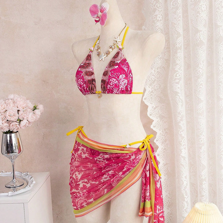 Floral‑Print Halter Bikini Swimsuit