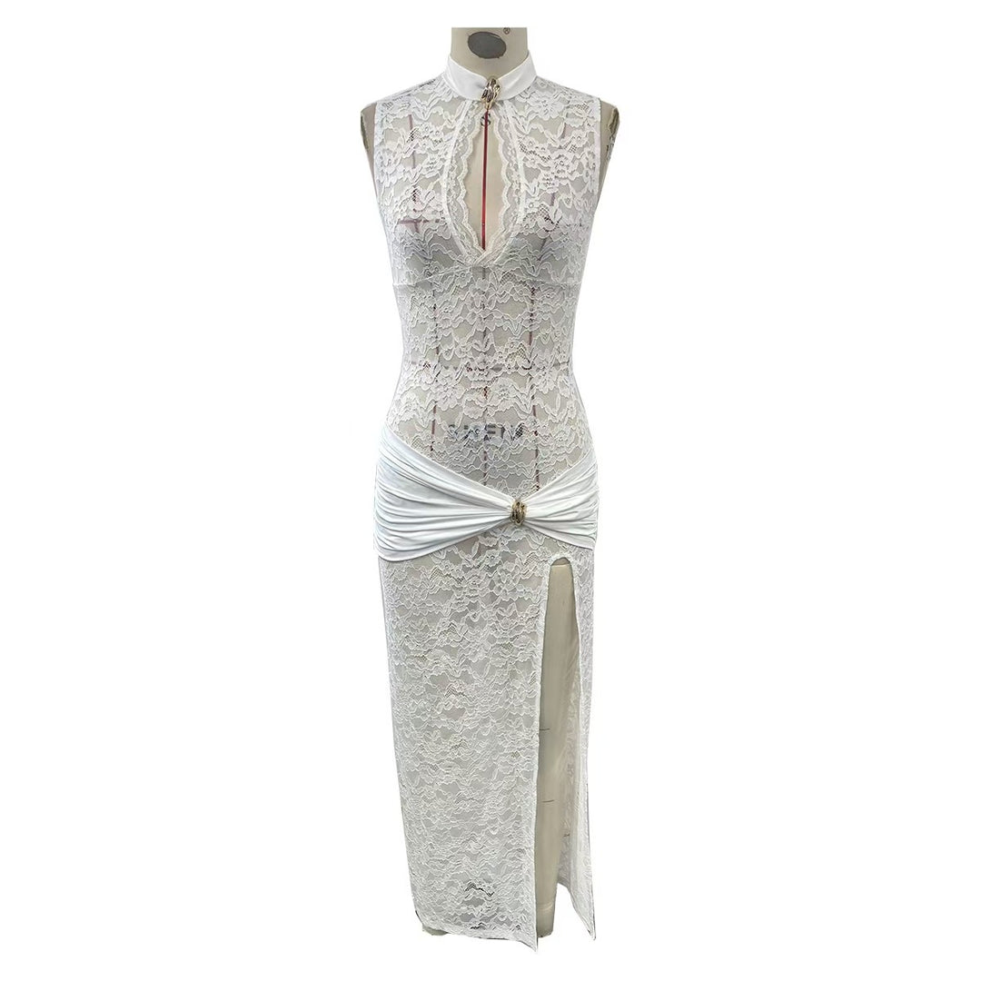 Cheongsam Collar Sleeveless Lace Dress