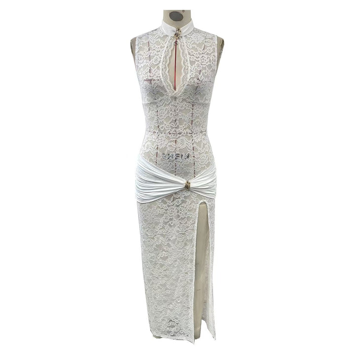 Cheongsam Collar Sleeveless Lace Dress