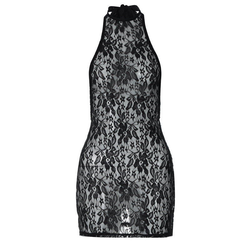 Halter‑Tie Floral Lace Sheer Dress