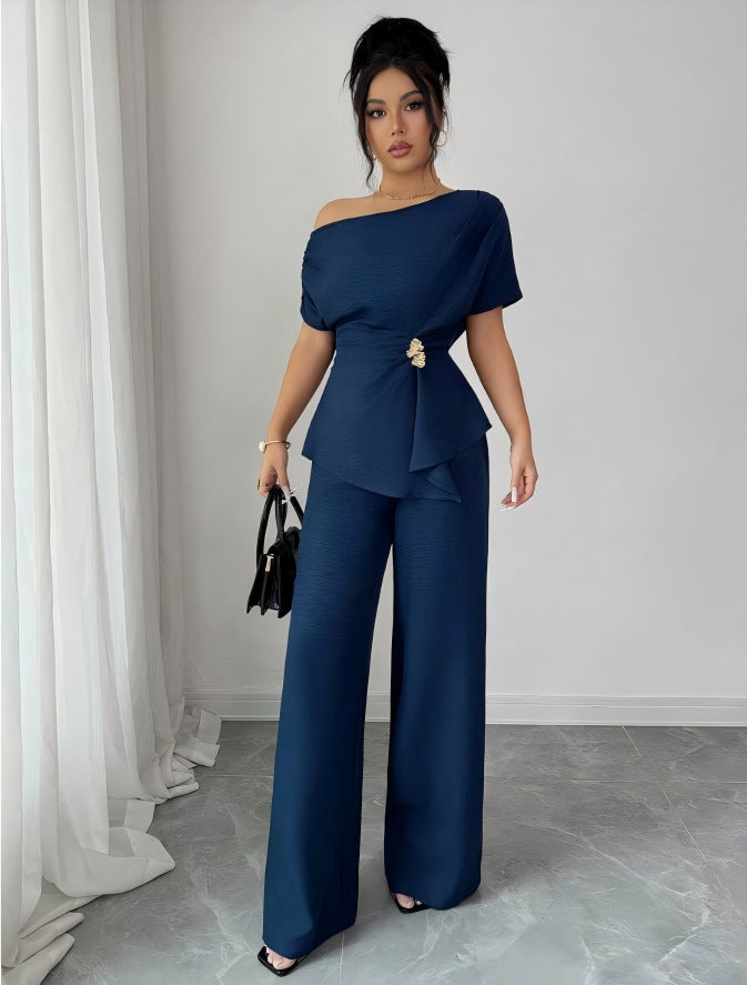 Elegant One-Shoulder Metal Accent Top &amp; Wide-Leg Pants Set