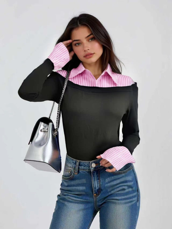 Women’s Striped Collar Contrast Layered Slim-Fit Long Sleeve Top