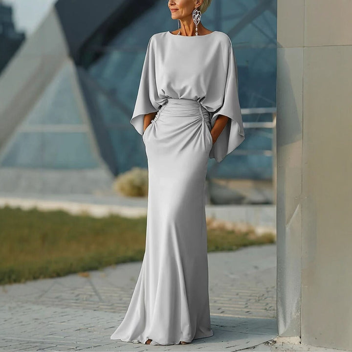 Elegant Backless Ruched Waist Draped Sleeve Maxi Dress