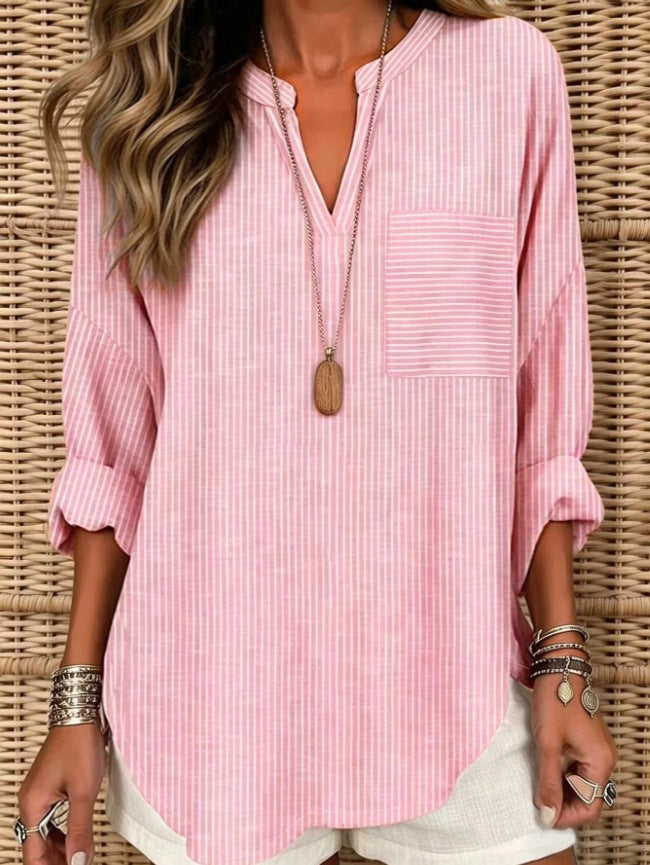 Women’s Striped V-Neck Relaxed Pocket Tunic Shirt