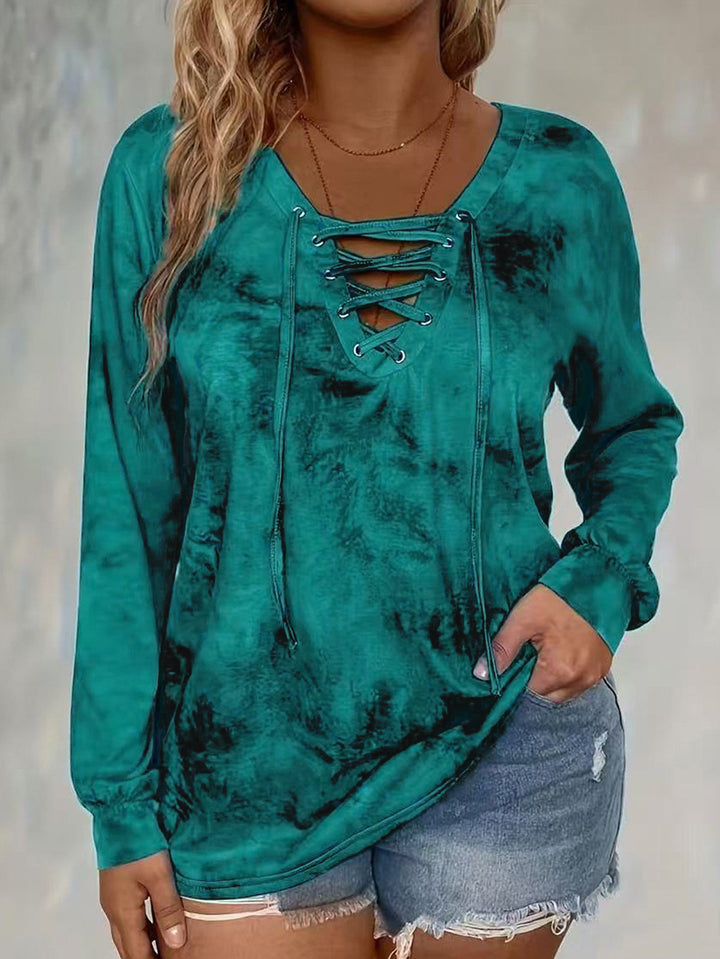 Tie-Dye Lace-Up V-Neck Long Sleeve Casual Top