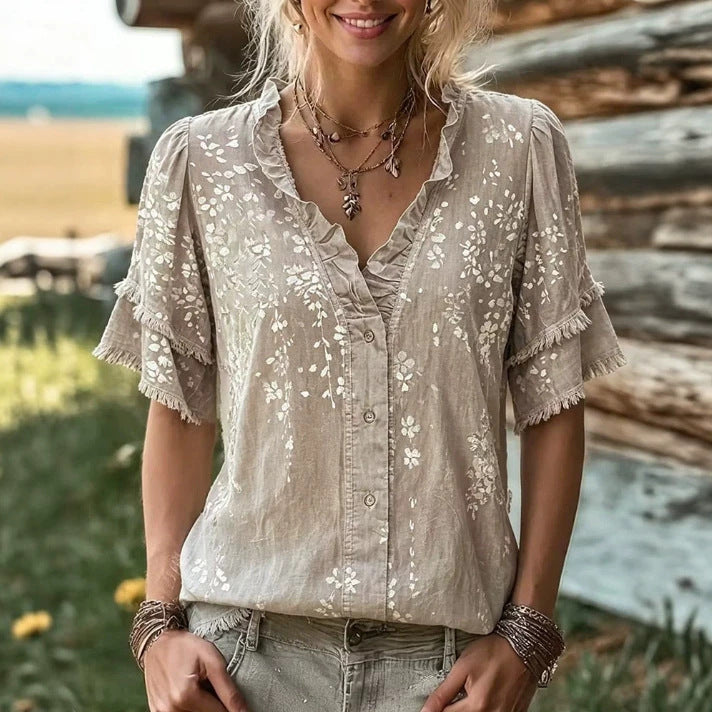 Casual Printed Tassel Patchwork Shirt Top