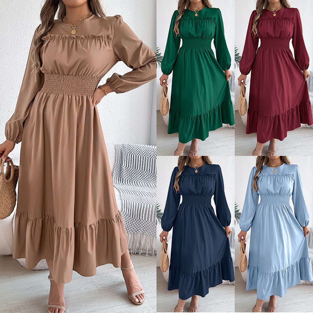 Elegant Smocked Waist Ruffle Hem Long Sleeve Midi Dress