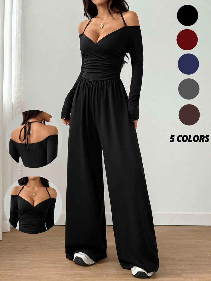 Women’s Off-Shoulder Ruched Wide-Leg Jumpsuit