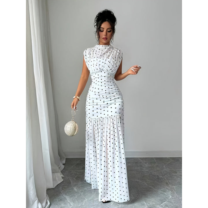Elegant Polka Dot Ruched Waist Sleeveless Maxi Dress