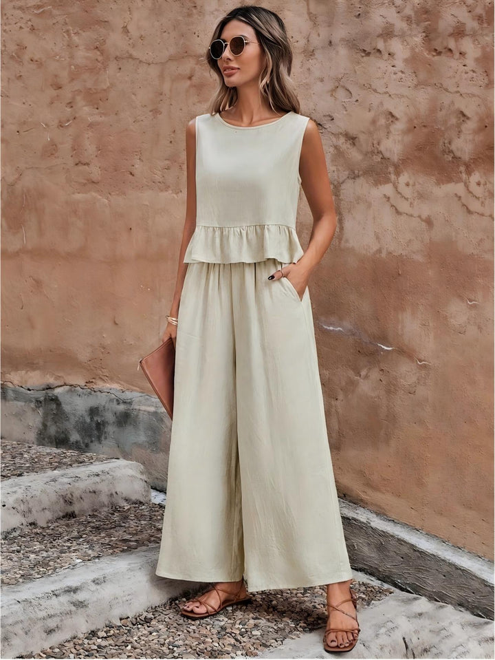 Women’s Ruffle Hem Sleeveless Top &amp; Wide-Leg Pants Set