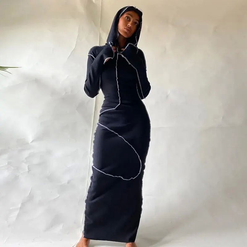 Women’s Contrast Seam Hooded Bodycon Maxi Dress