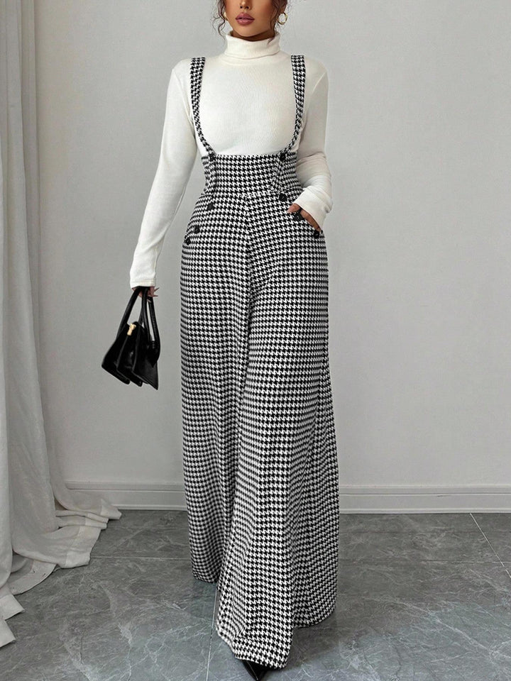 Women’s Houndstooth High-Waisted Wide-Leg Suspender Jumpsuit