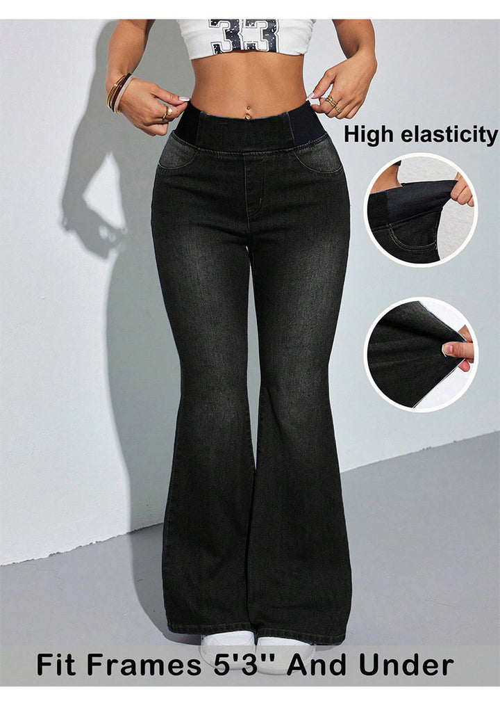 Women’s High Waist Stretch Flare Jeans – Elastic Waist Wide Leg Denim Pants