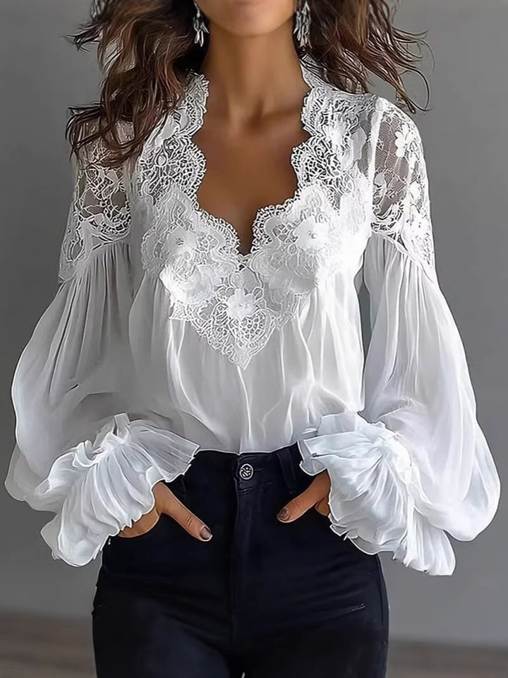 Women’s Lace-Trim Puff Sleeve Pleated Blouse
