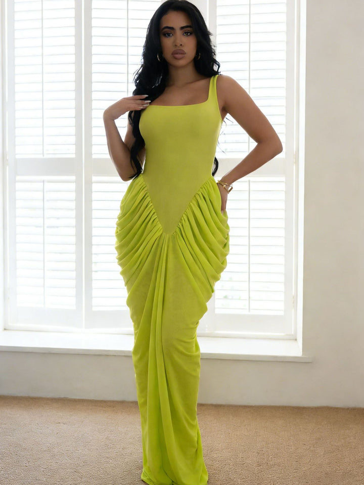 Elegant V-Waist Draped Ruched Chiffon Maxi Dress