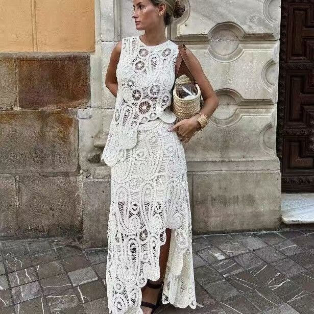 Asymmetrical Crochet Top &amp; Maxi Skirt Two-Piece Set