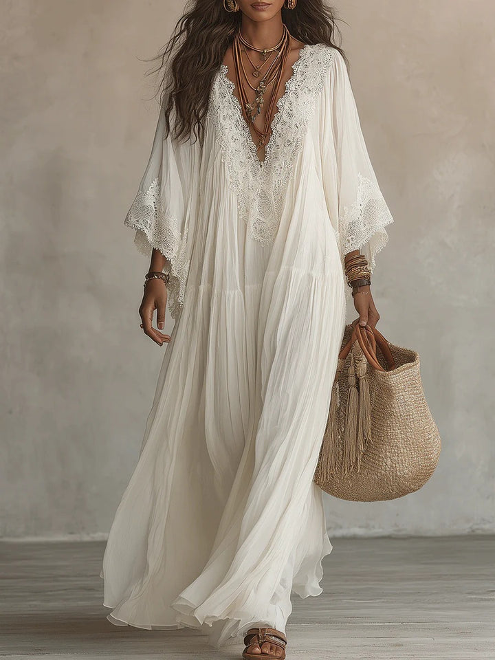 Boho Lace V-Neck Batwing Sleeve Maxi Dress