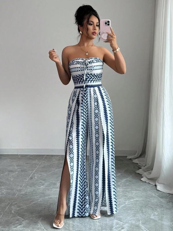 Strapless Geometric Print Tie-Waist Slit Wide-Leg Jumpsuit