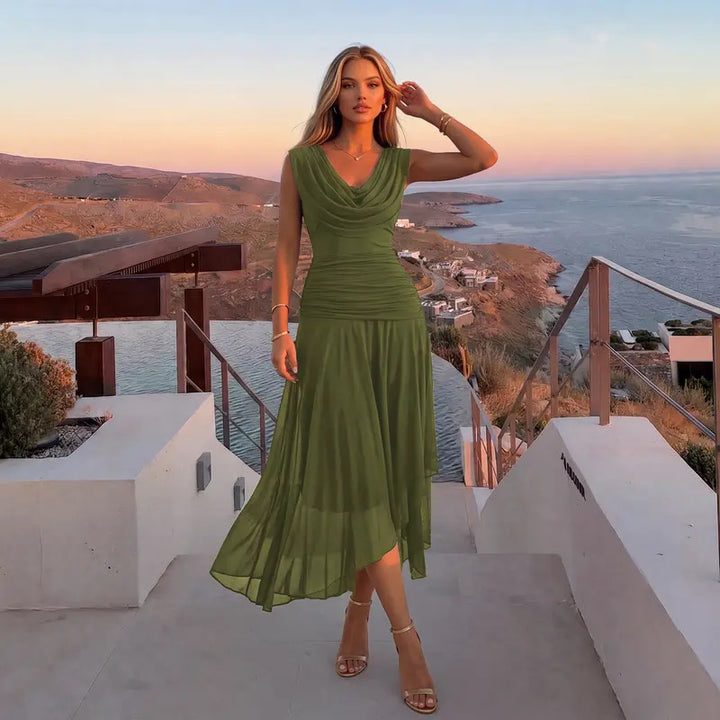 Elegant Cowl Neck Ruched Asymmetrical Mesh Maxi Dress
