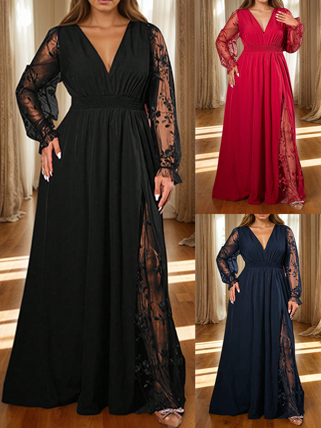 Elegant Deep V-Neck Lace Panel Long Sleeve Evening Maxi Dress