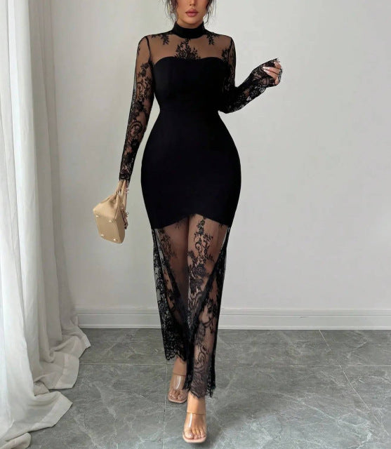 Elegant Sheer Lace Mock Neck Bodycon Maxi Dress