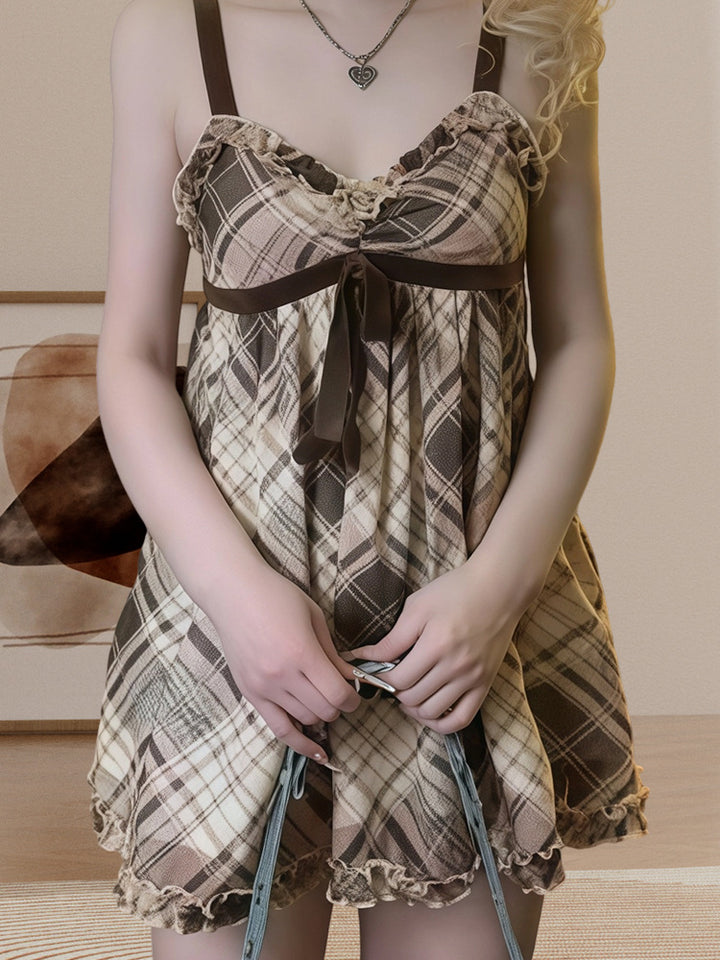 Vintage Plaid Bow-Tie Ruffle Cami Mini Dress