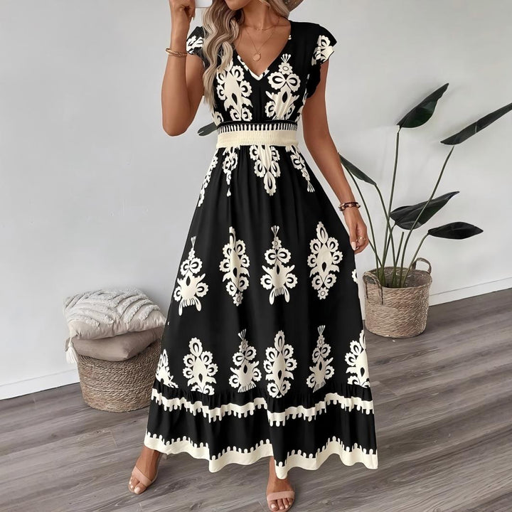 Boho Printed V-Neck Flutter Sleeve Flowy Maxi Dress