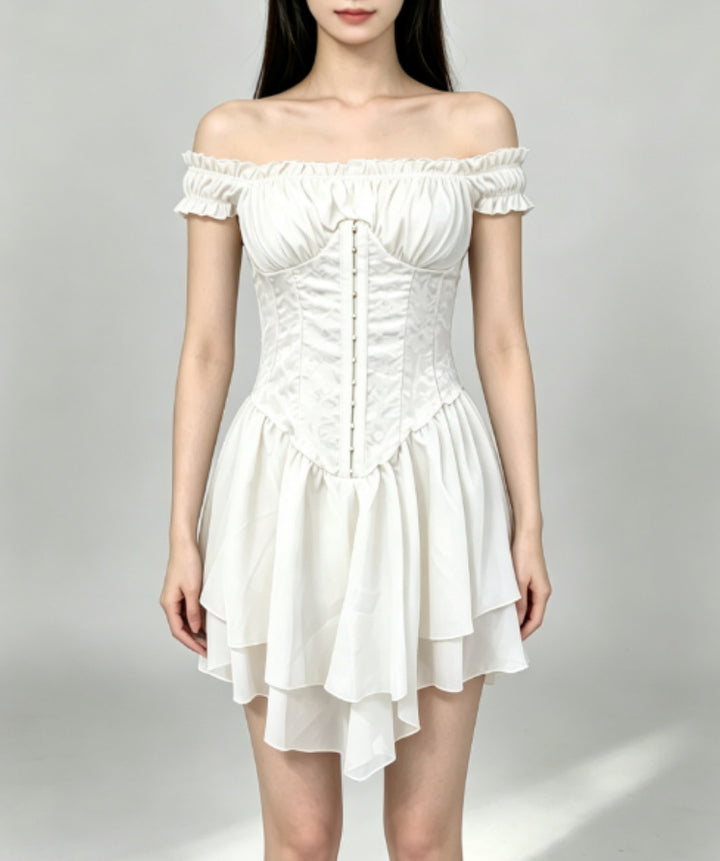 Off-Shoulder Ruffle Tiered Chiffon A-Line Mini Dress