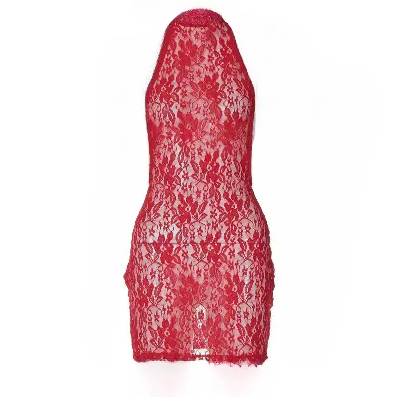 Halter‑Tie Floral Lace Sheer Dress