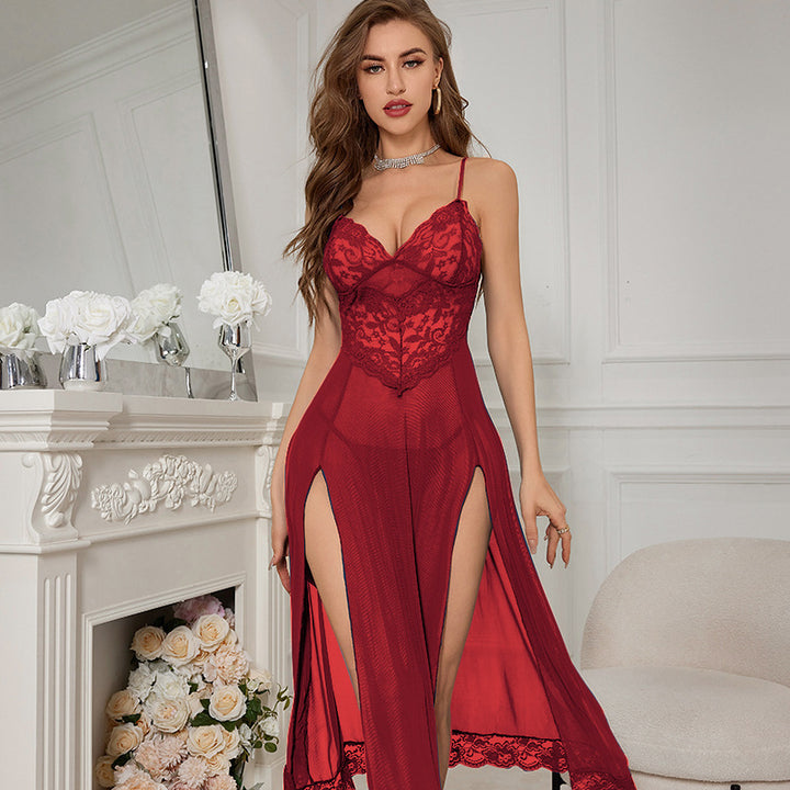 Floral Lace Slit Mesh Maxi Nightgown