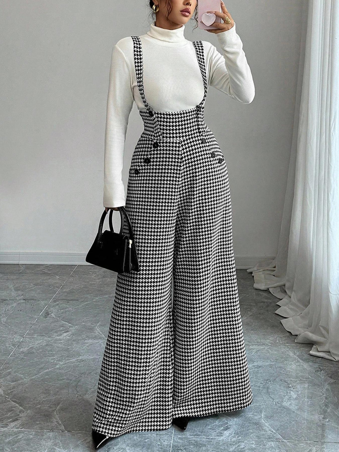 Women’s Houndstooth High-Waisted Wide-Leg Suspender Jumpsuit
