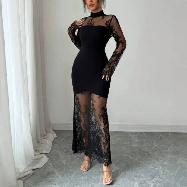 Elegant Sheer Lace Mock Neck Bodycon Maxi Dress