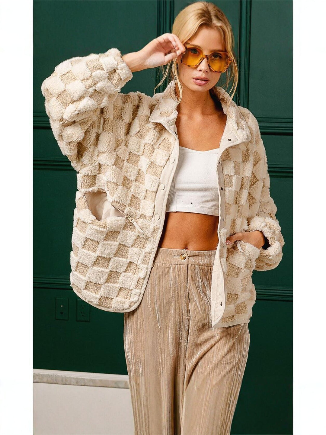 Cozy Checkered Plush Pocket Jacket