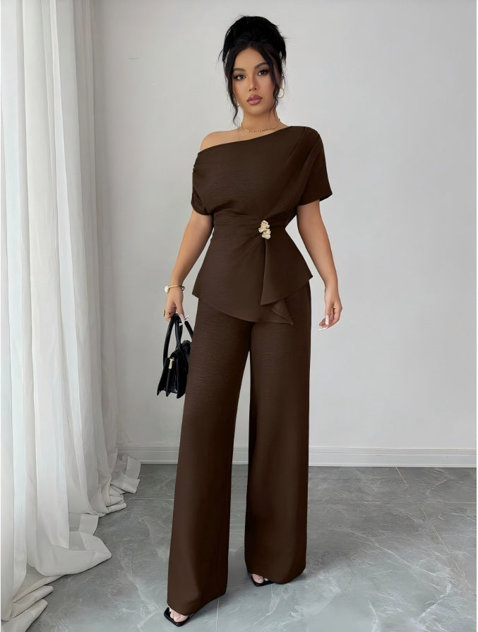 Elegant One-Shoulder Metal Accent Top &amp; Wide-Leg Pants Set