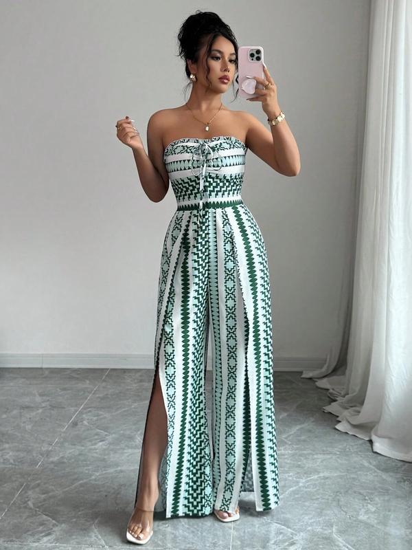 Strapless Geometric Print Tie-Waist Slit Wide-Leg Jumpsuit