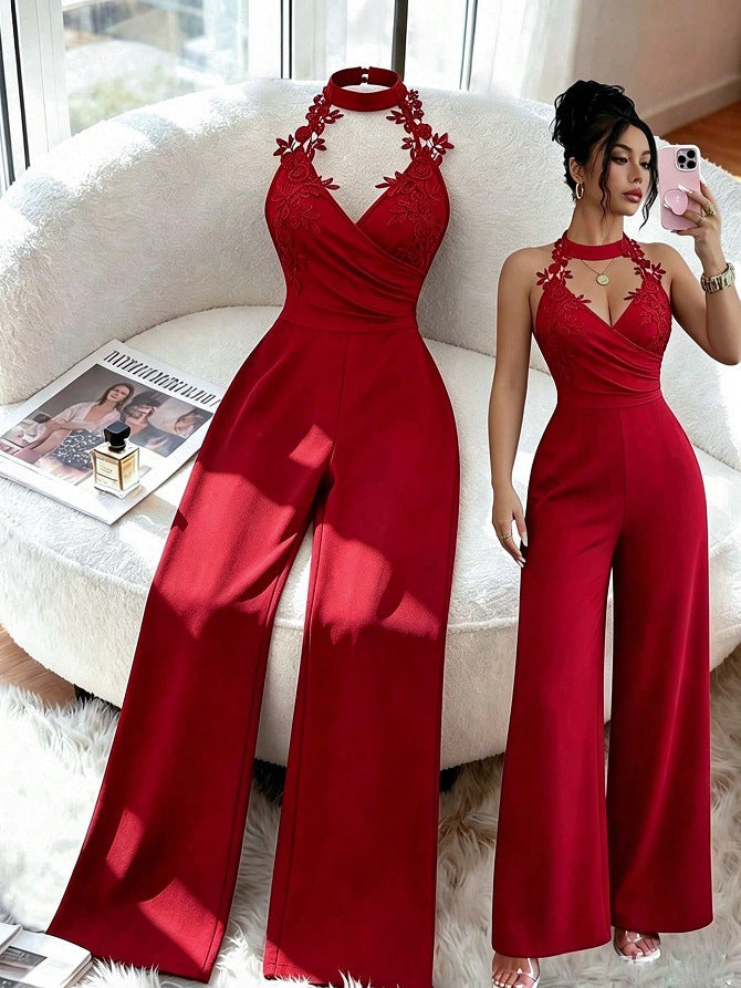 Elegant Lace Halter Deep V Wide-Leg Jumpsuit