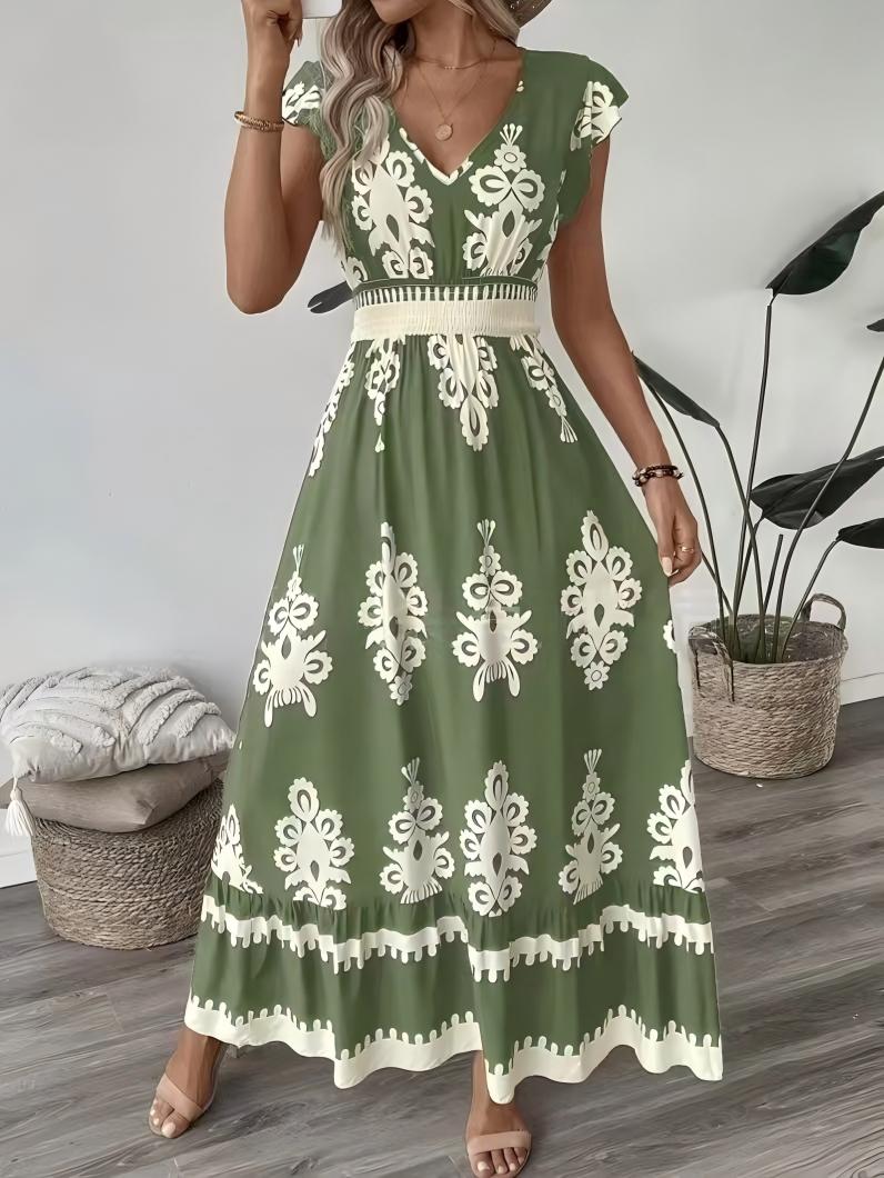Boho Printed V-Neck Flutter Sleeve Flowy Maxi Dress